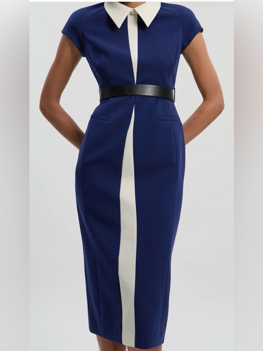 Karen Millen Navy and White Contrast Collar Long Dress, size 2
